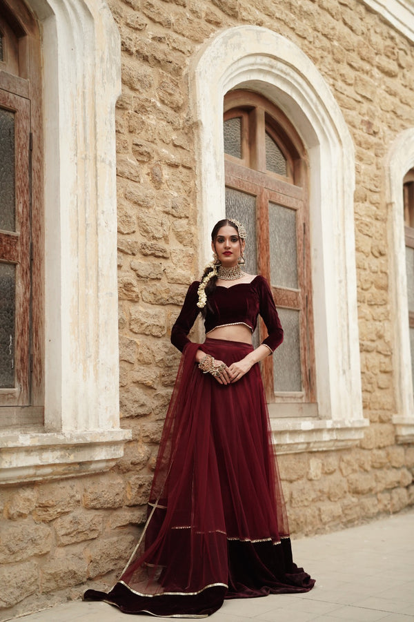 Maroon Velvet Lehenga