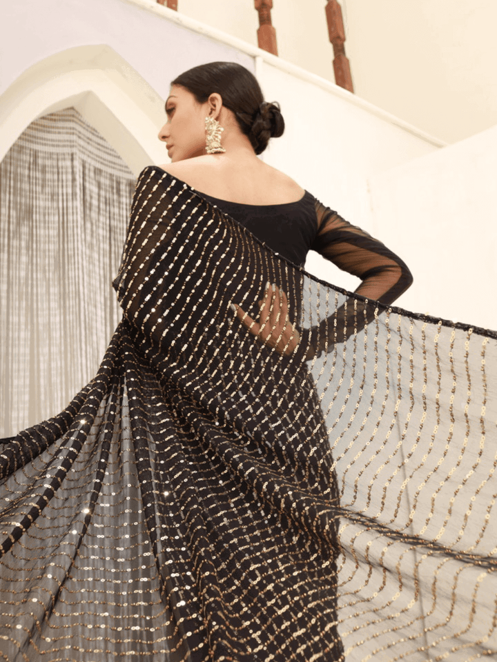 Black Gold Embroidered Saree - Ripret