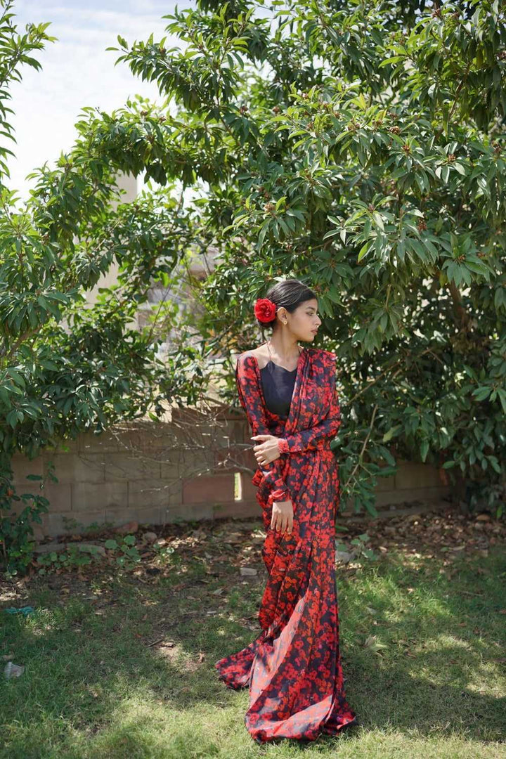 Red Floral Saree - Ripret