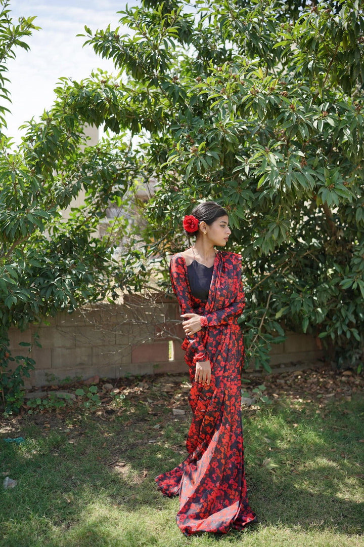 Red Floral Saree - Unstitched - Ripret