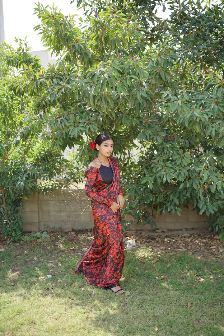 Red Floral Saree - Unstitched - Ripret