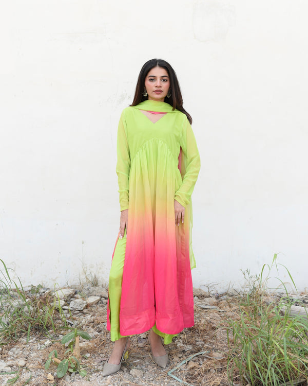 Lime Ombre Pleated Set